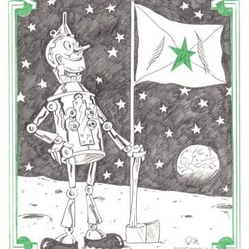 "Tin man on the moon." Graphite on paper, 10" x 8″, 2019.