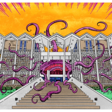 "Rust Hall, monsterized". Ink drawing with digital color, 2019.